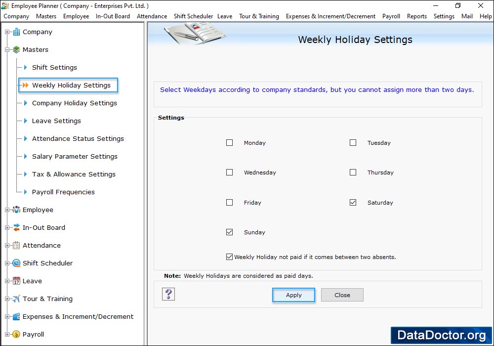 Weekly Holidays Settings Employee Planner Software